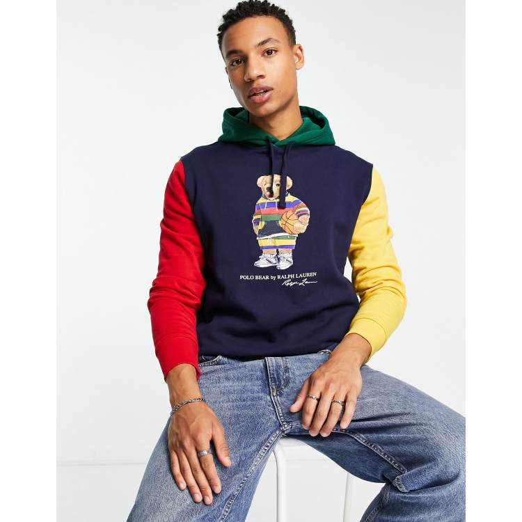 Polo Ralph Lauren colourblock hoodie bear print in navy colour block | ASOS
