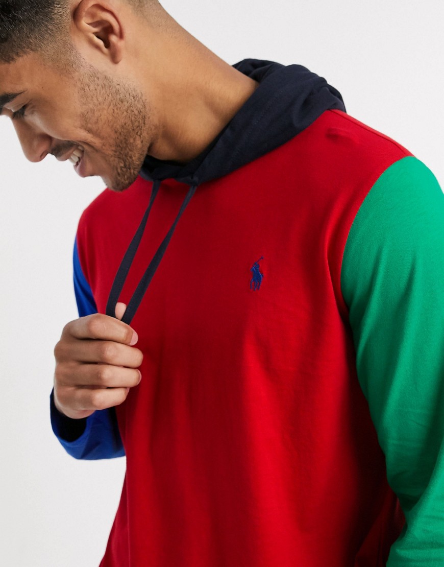 Polo Ralph Lauren colourblock player logo long sleeve hooded top in multi
