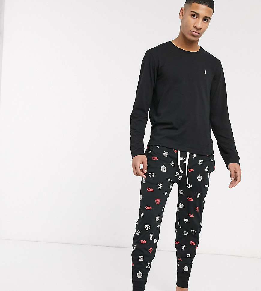 Polo Ralph Lauren - Completo T-shirt a maniche lunghe e joggers neri con logo-Nero