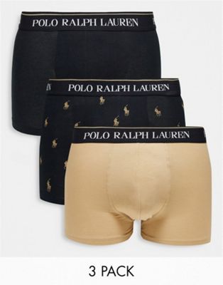 Polo Ralph Lauren 3 pack trunks in black, tan with all over pony logo - ASOS Price Checker
