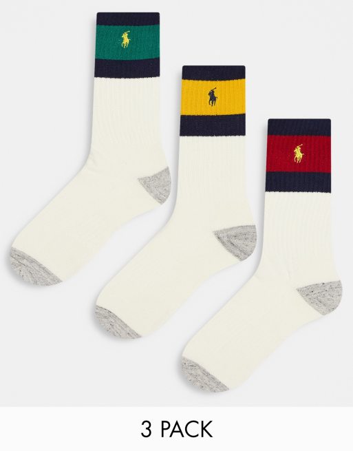 Polo Ralph Lauren - Confezione da 3 paia di calzini bianco sporco a righe colorate con logo del pony
