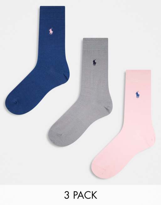 Polo Ralph Lauren - Confezione da 3 paia di calzini in cotone mercerizzato color rosa, grigio e blu navy con logo