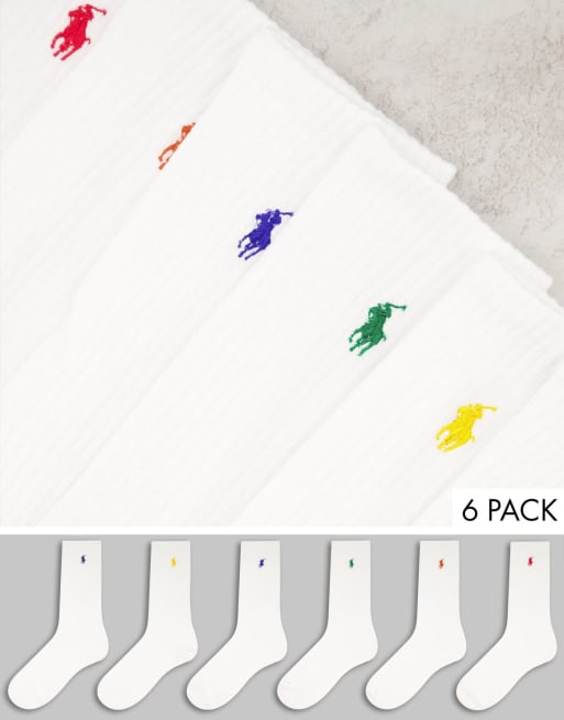 Polo Ralph Lauren - Confezione da 6 paia di calzini bianchi con logo con pony multicolore
