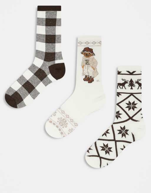 Polo Ralph Lauren - Confezione regalo con 3 paia di calzini natalizi crema con logo a orsetto