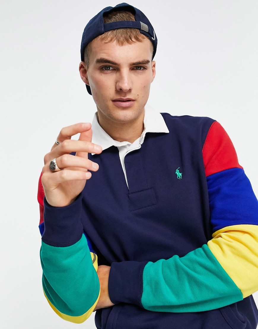 Polo Ralph Lauren contrast collar rainbow sleeve color block sweat rugby polo in navy