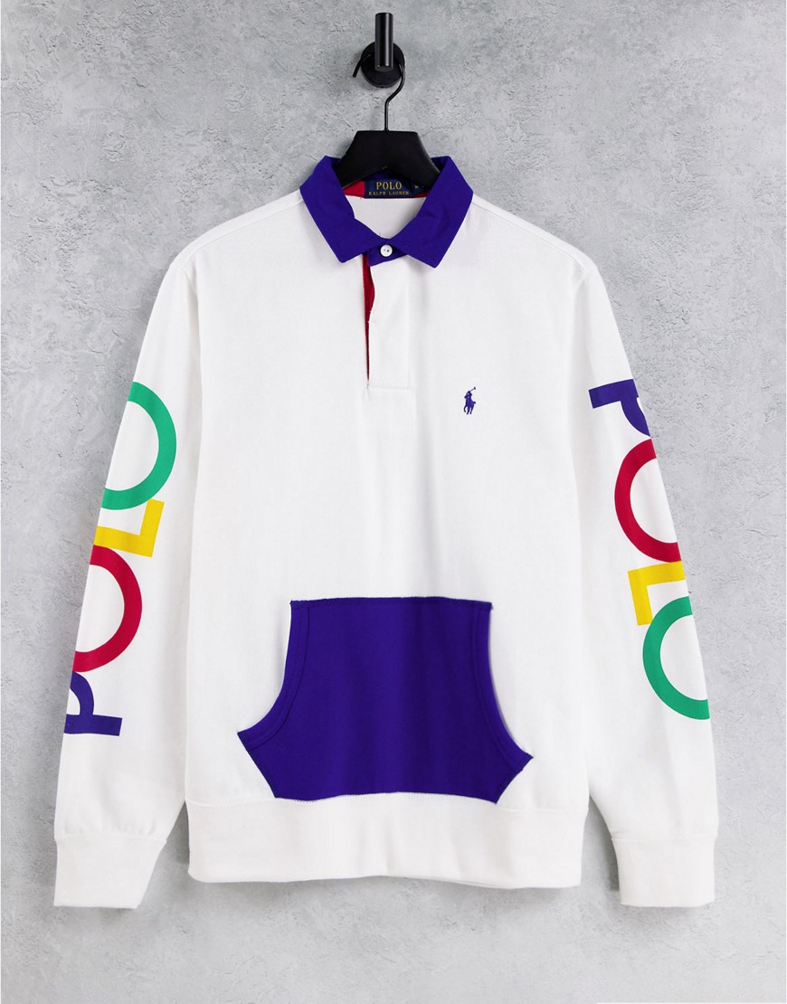 Polo Ralph Lauren contrast collar rainbow sleeve logo sweat rugby polo in white