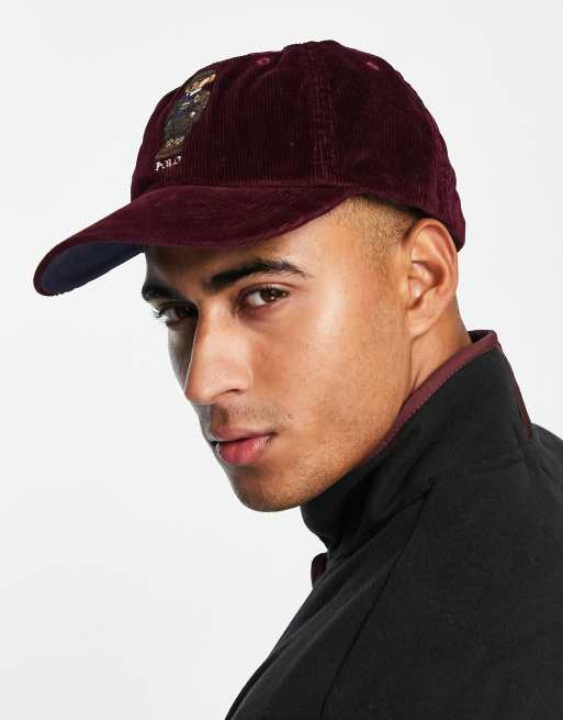 Polo Ralph Lauren cord baseball cap in burgundy with bear logo ASOS