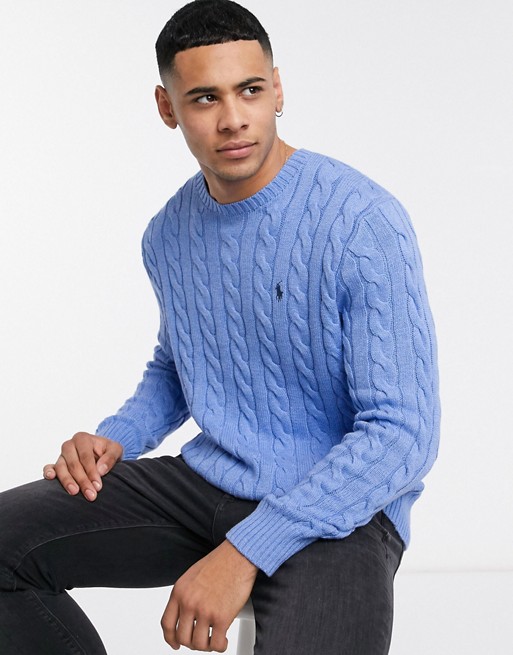 Polo Ralph Lauren cotton cable crew neck jumper in blue marl with logo