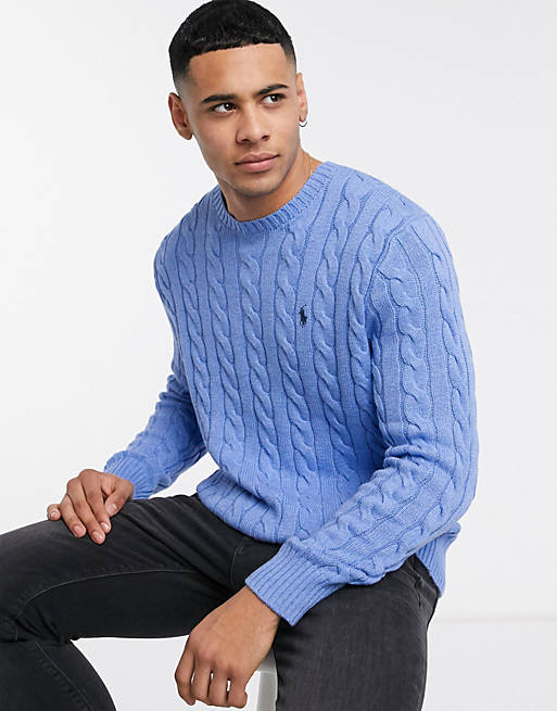 Polo Ralph Lauren cotton cable crew neck jumper in blue marl with logo ...