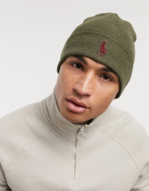 Polo Ralph Lauren cotton fine ribbed beanie in olive green with pony logo