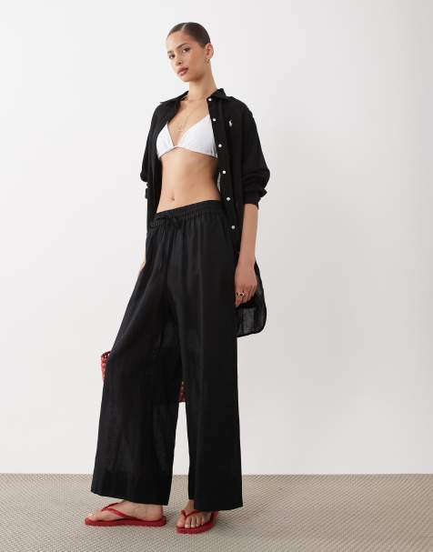 Polo Ralph Lauren cotton linen smocked pull on pant cover-up in black - view 1