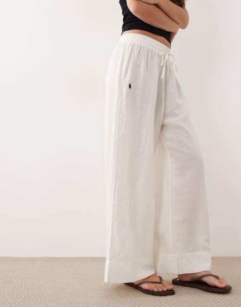 Polo Ralph Lauren cotton linen smocked pull on pant cover-up in cream in white - view 1