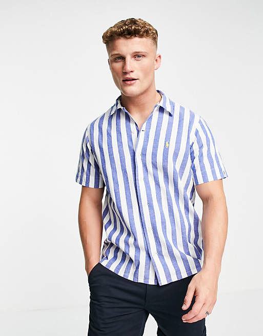 Polo Ralph Lauren cotton player logo yarn dyed block stripe short sleeve shirt classic in royal/white
