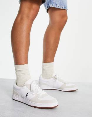 Polo Ralph Lauren Polo Court Suede Mix Sneakers In White With Navy Pony Logo In White