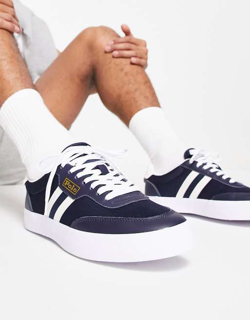 Polo Ralph Lauren court vulc sneakers in navy with stripes | ASOS