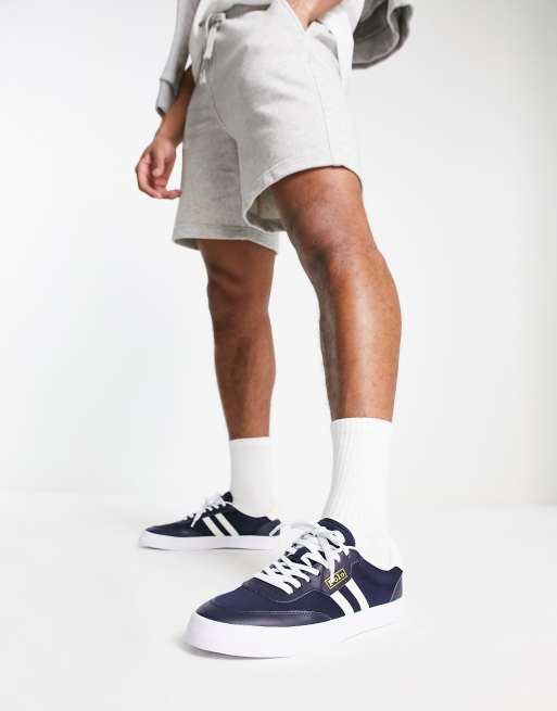 Polo Ralph Lauren court vulc trainer in navy with stripes | ASOS