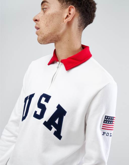 Polo Ralph Lauren CP-93 Capsule Half Zip Sweatshirt USA Applique in White |  ASOS