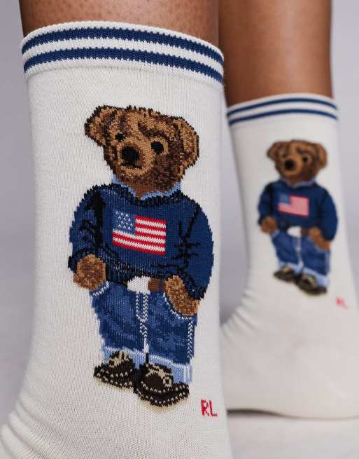 Polo Ralph Lauren crew socks with bear logo in cream, 2 of 3