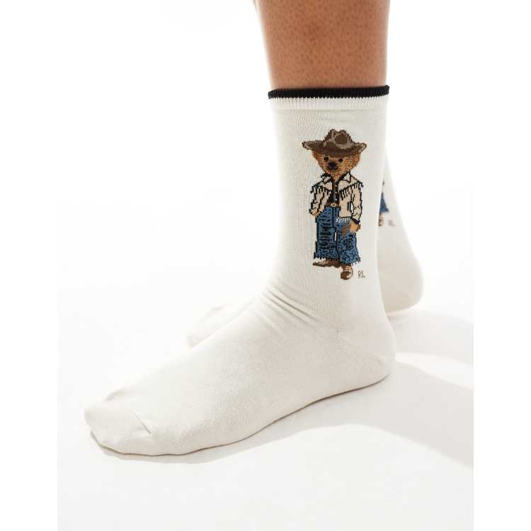 Polo Ralph Lauren crew socks with western bear logo in cream