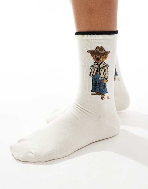 Polo Ralph Lauren crew socks with western bear logo in cream