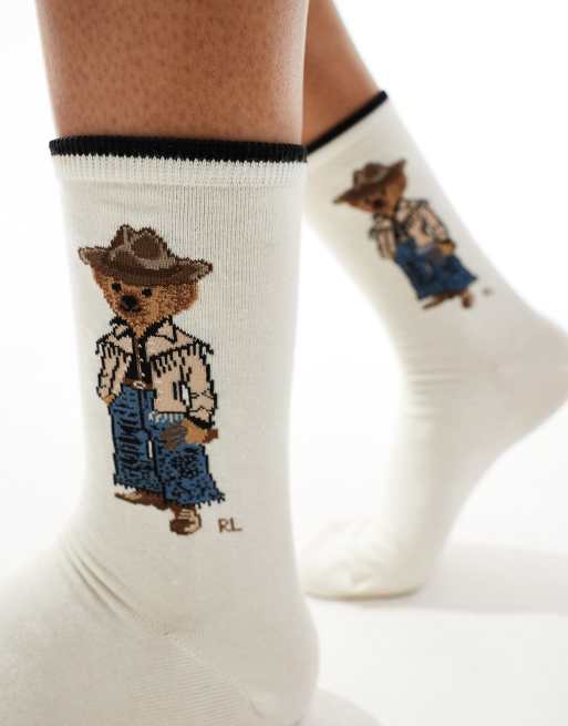 Polo Ralph Lauren crew socks with western bear logo in cream, 3 of 4