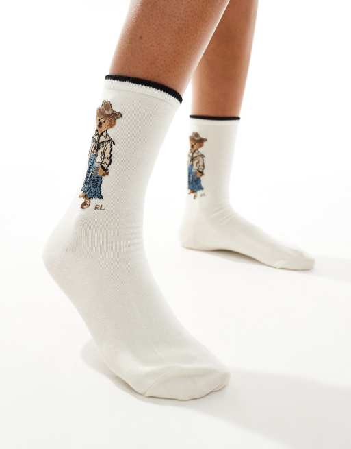 Polo Ralph Lauren crew socks with western bear logo in cream, 4 of 4
