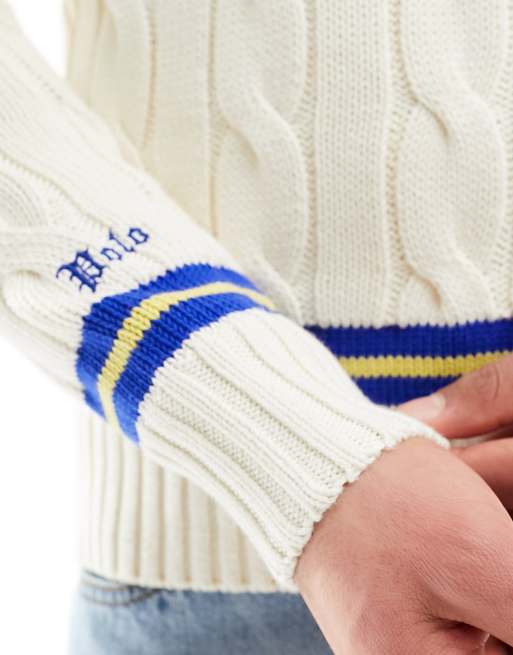 Polo Ralph Lauren – Cricket – Zopfstrickpullover aus Baumwolle in Cremeweiß/Marineblau, 2 von 4