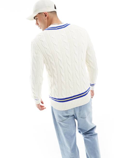 Polo Ralph Lauren – Cricket – Zopfstrickpullover aus Baumwolle in Cremeweiß/Marineblau, 4 von 4