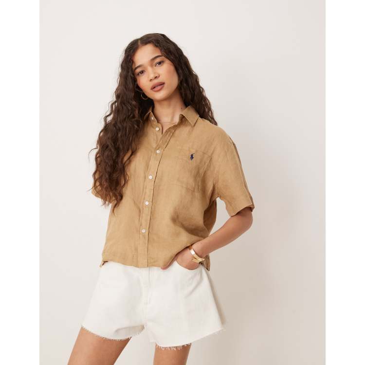 トップス vintage Ralph Lauren short shirt jacket Polo Ralph Lauren cropped boxy fit short sleeve linen shirt in tan