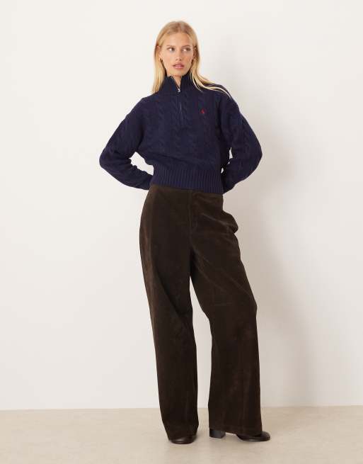 Polo Ralph Lauren cropped cable collar rich wool jumper in navy, 2 of 4