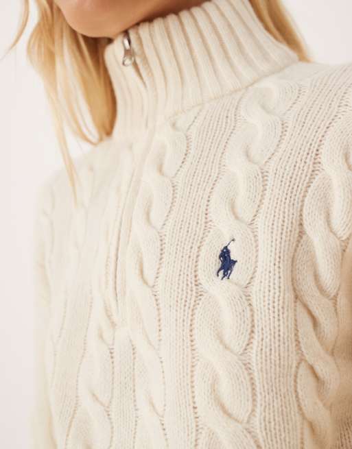 Polo Ralph Lauren cropped cable collar wool rich jumper in cream, 2 of 4