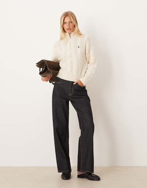 Polo Ralph Lauren cropped cable collar wool rich jumper in cream, 3 of 4