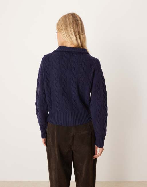 Polo Ralph Lauren cropped cable collar wool rich jumper in navy, 3 of 4