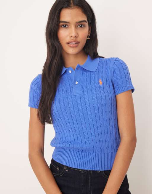 Polo Ralph Lauren - Cropped gebreide trui met kabels en met korte mouwen in blauw