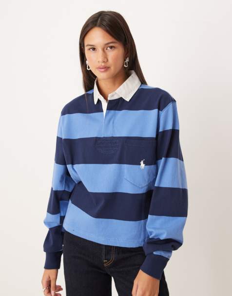 Polo Ralph Lauren - Cropped getailleerd rugbyshirt in blauwe en marineblauwe strepen - view 1