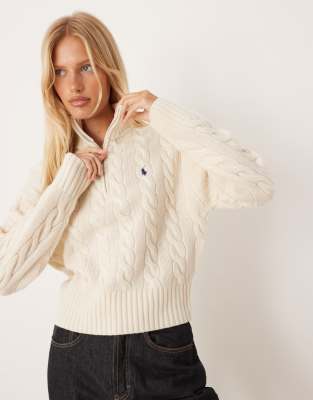 Polo Ralph Lauren - Cropped-Pullover in Creme mit Zopfmuster-Weiß