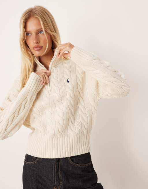 Polo Ralph Lauren – Cropped-Pullover in Creme mit Zopfmuster