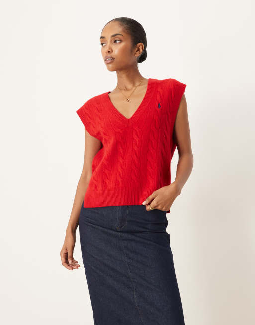 Polo Ralph Lauren cropped sleeveless cable knit jumper in red