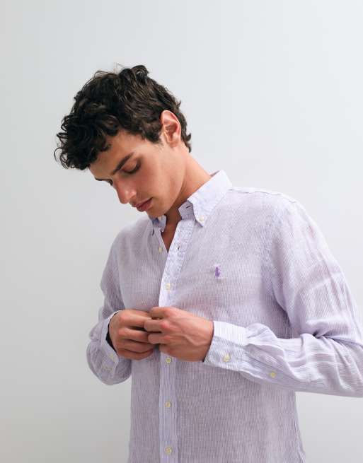 Polo Ralph Lauren custom fit camicia sportiva a maniche lunghe in lino viola, 2 di 5