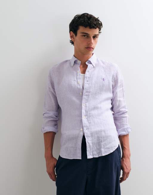 Polo Ralph Lauren custom fit camicia sportiva a maniche lunghe in lino viola, 3 di 5