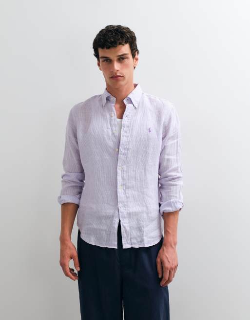 Polo Ralph Lauren custom fit camicia sportiva a maniche lunghe in lino viola, 5 di 5