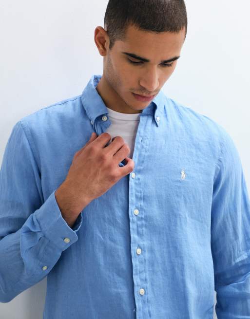 Polo Ralph Lauren Custom Fit langärmliges Leinenhemd in Blau, 3 von 7