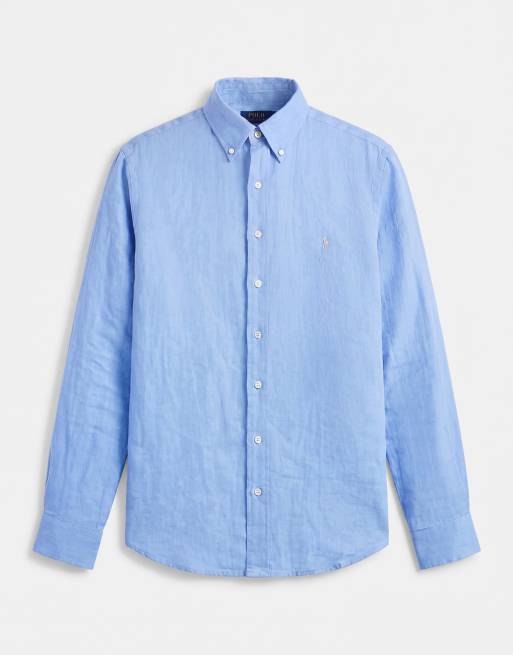 Polo Ralph Lauren Custom Fit langärmliges Leinenhemd in Blau, 6 von 7