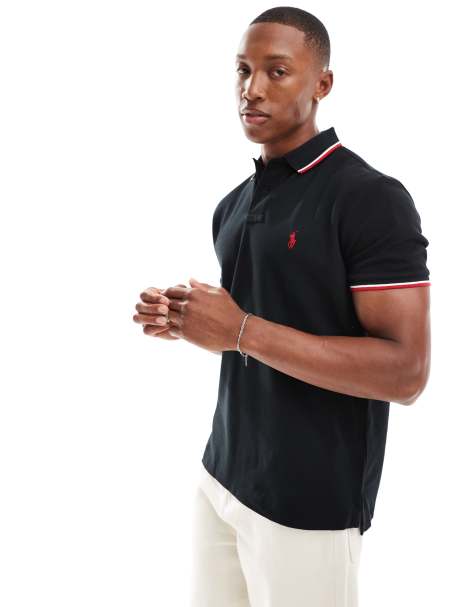 Polo Ralph Lauren – Custom Fit Pikee-Polohemd in Schwarz mit Zierstreifen und Markenlogo - view 1