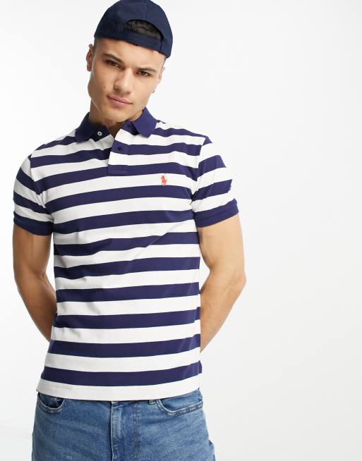 Polo Ralph Lauren - Custom-fit piqué polo met logo en strepen in marineblauw en wit