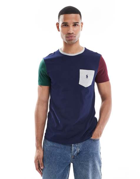 Polo Ralph Lauren – Custom Fit T-Shirt in Marineblau-Bunt mit Markenlogo, Brusttasche und Farbblockdesign - view 1