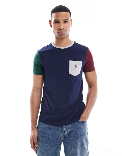 Polo Ralph Lauren - Custom fit T-shirt met kleurvlakken en borstzak met icoonlogo in marineblauw en multi