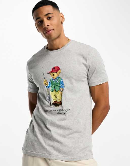 Polo Ralph Lauren - Custom-fit T-shirt met vissende beerprint in gemêleerd grijs