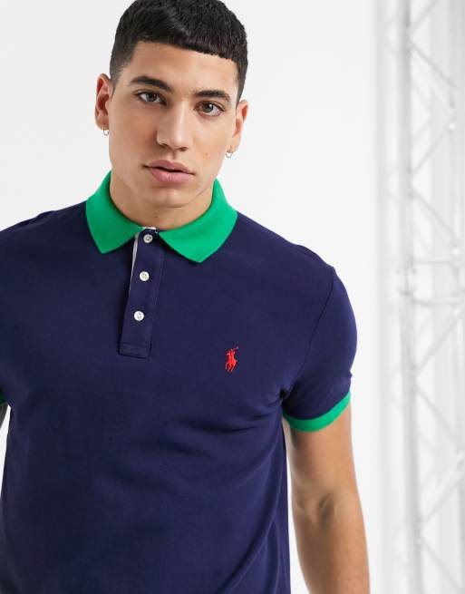 Polo Ralph Lauren custom regular fit player logo contrast collar pique polo  in french navy | ASOS