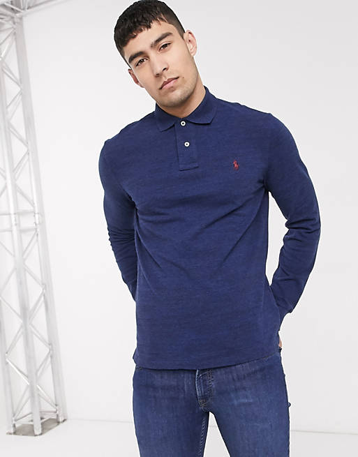 Polo Ralph Lauren custom slim fit long sleeve polo in navy marl with ...